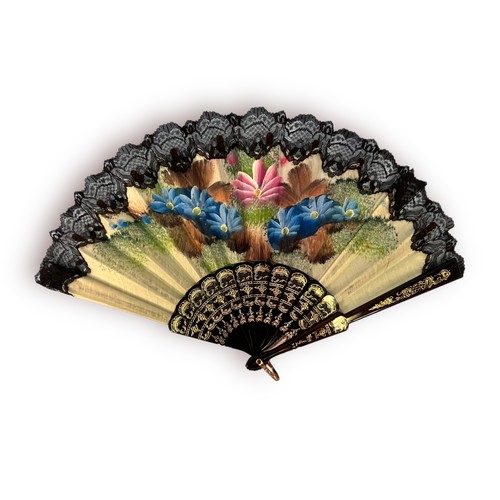 296 - A ladies hand-fan with bone sticks and floral painted lace, together with a floral painted example a... 