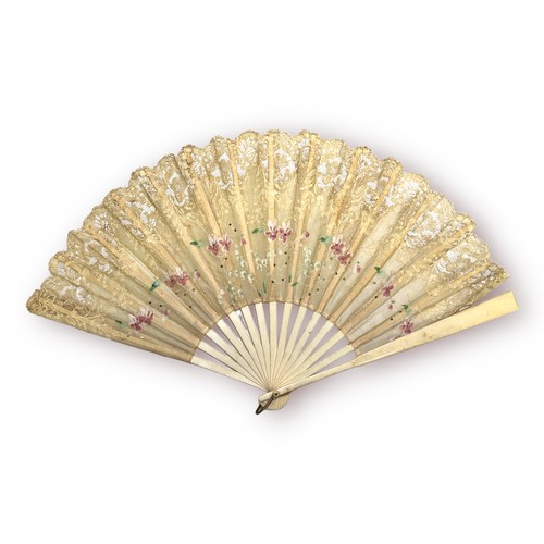 296 - A ladies hand-fan with bone sticks and floral painted lace, together with a floral painted example a... 