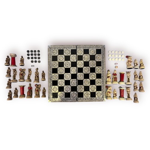 297 - A resin chess set modelled as Grecian figures, mythical creatures and architecture, together with a ... 