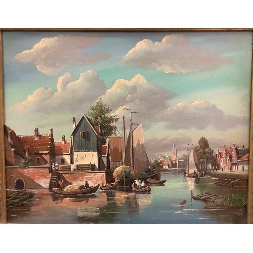 458 - J. van Riemsdyk (Dutch/Flemish) (Fl.1940), Continental canal scene with barges and figures by quaysi... 