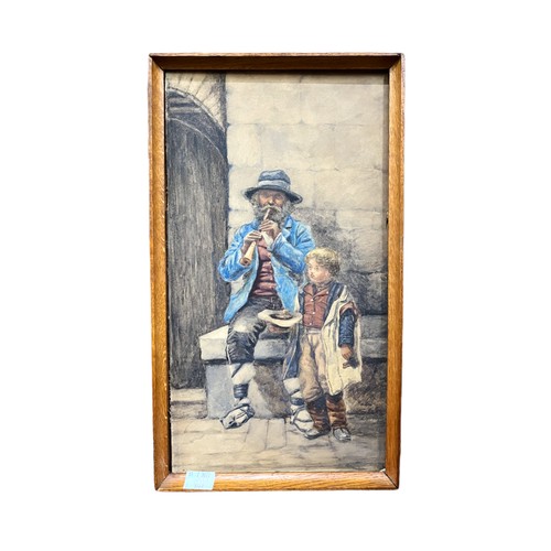 459 - Elise Paget (Bitish fl.1877-1888), Continental study of an elderly vagrant man and young boy, buskin... 