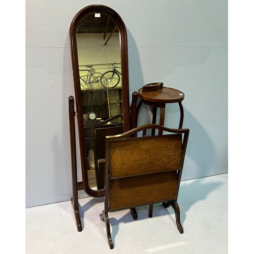 490 - A stainedwood cheval mirror, Edwardian circular two-tier jardiniere and 'metemorphic' fire-screen-fo... 