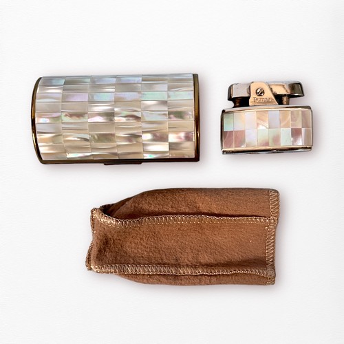 325 - A 1950s Ronson lighter set, with tiled mother of pearl decoration and matching cigarette case, boxed