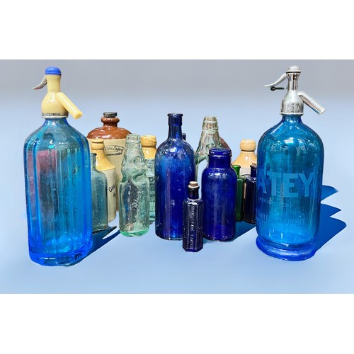 31 - A Fry & Co blue glass soda syphon and another by Batey, together with a 19th century stoneware ink r... 
