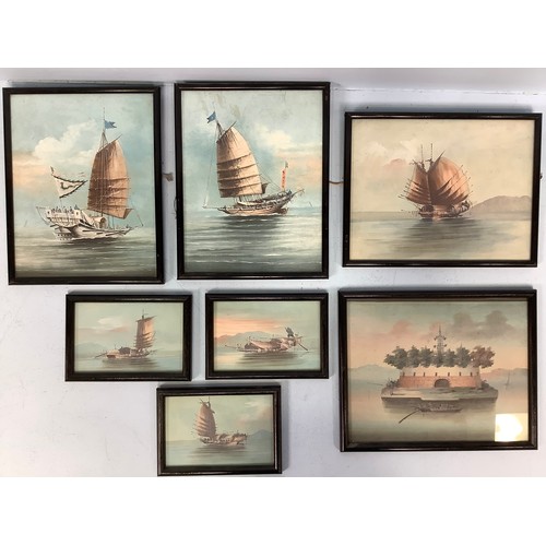 65 - late 19th/early 20th Century Chinese School.  Seven  Gouache paintings of Junk ships and an island f... 