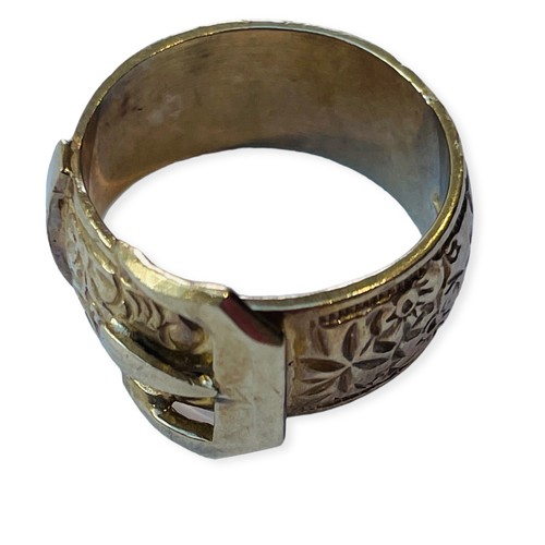 166 - A 9ct gold buckle ring, with engraved design, weighs 8.3 grams, 10mm in width. size N1/2