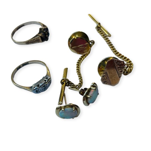 163 - WITHDRAWN: Two 9ct gold dress rings, a pair of 9ct gold and opal earrings, with butterfly backs, and... 