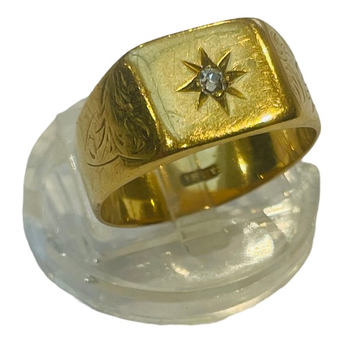 170 - An 18ct yellow gold signet ring, star set with a small round diamond to the centre, weighs 7.0 grams... 