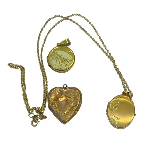 172 - Three various 9ct yellow gold lockets, and a 9ct yellow gold chain, total weight 10.3 grams.