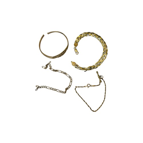 155 - Three various design 9ct gold bracelets, together with a 9ct gold torque bangle, total weight 12.0 g... 