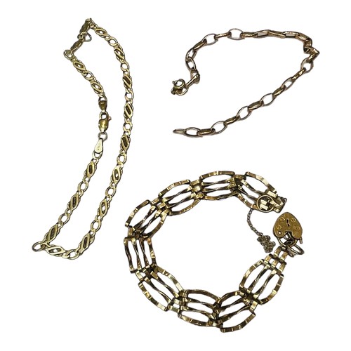 154 - Three 9ct gold bracelets, including a 4 x bar gate bracelet, a rose gold belcher bracelet and a yell... 