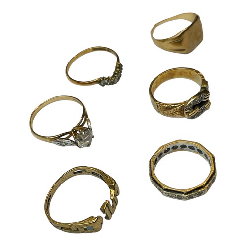 151 - six various 9ct yellow gold rings, including a buckle ring, and a signet ring etc. total weight 12.6... 