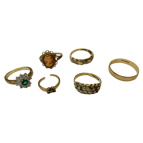 152 - Six various 9ct gold dress rings, including a cameo ring and a wedding ring, etc. total weight 11.5 ... 