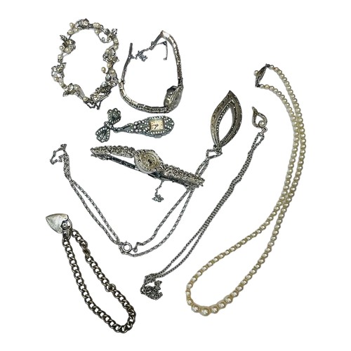 179 - Three marcasite cocktail watches, two silver bracelets, two silver pendant and chains, and a string ... 