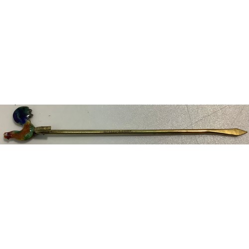 195 - A set of six 9ct gold cocktail sticks surmounted with a double sided enamelled cockerel, each marked... 