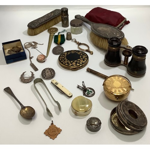 332 - A collection of assorted mixed collectables and silver items including two silver-backed brushes and... 