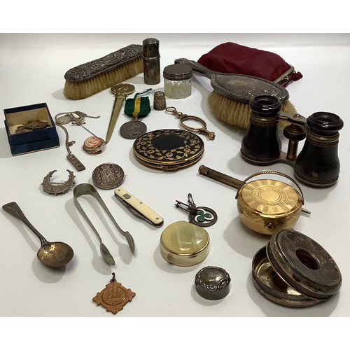 332 - A collection of assorted mixed collectables and silver items including two silver-backed brushes and... 