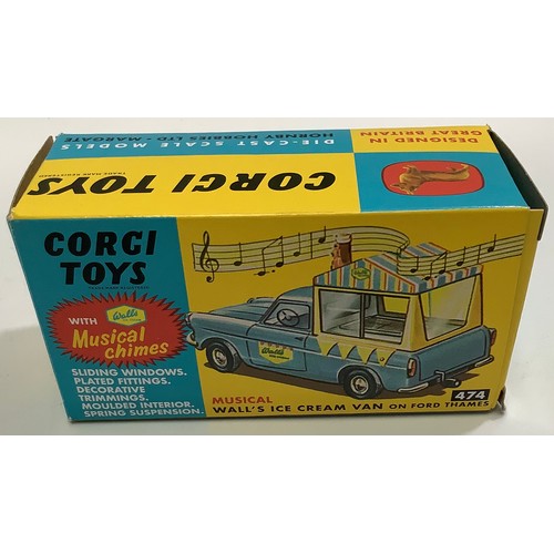 390 - Corgi 474 Ford Thames ‘Wall's’ Ice Cream Van, blue, cream, silver trim, spun hubs, with sliding wind... 