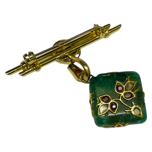 147 - A yellow gold bar and jade pendant brooch, set with 3 x Burmese rubies to the centre of the double b... 