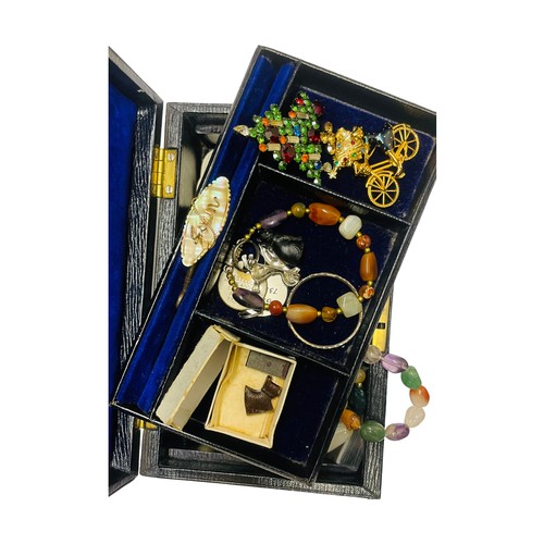 184 - Blue jewellery box with various beads and brooches etc.