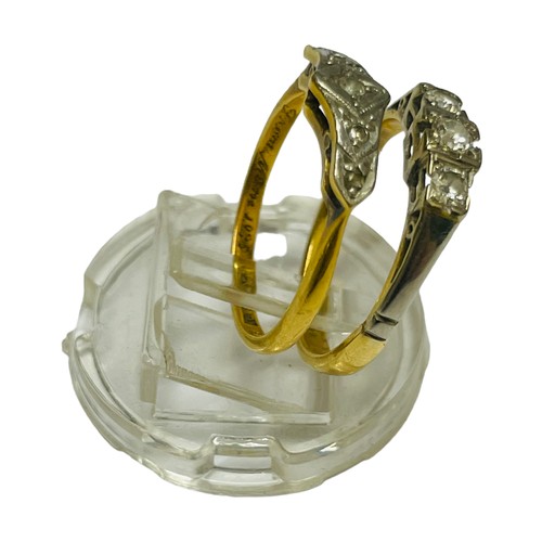 185 - Two various 18ct gold rings, one set with three diamonds, estimated diamond weight 0.20cts, the othe... 