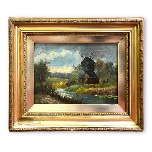 461 - A 19th Century landscape study, oil on canvas, depicting a windmill and figures by a river, unsigned... 