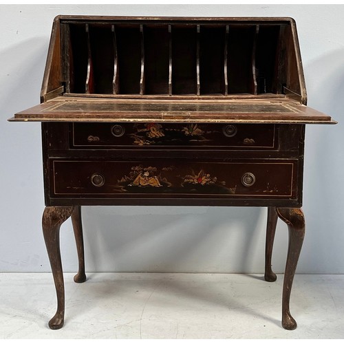 507 - A Chinioserie lacquered bureau, the fall front and two graduated long drawers with gilt decoration a... 