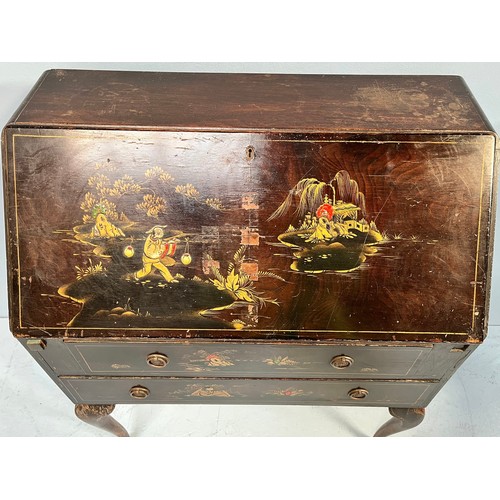 507 - A Chinioserie lacquered bureau, the fall front and two graduated long drawers with gilt decoration a... 