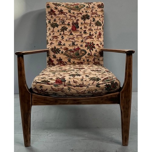 509 - A mid 20th century Parker Knoll teak framed lounge / armchair, bungee seat support, re-upholstered i... 