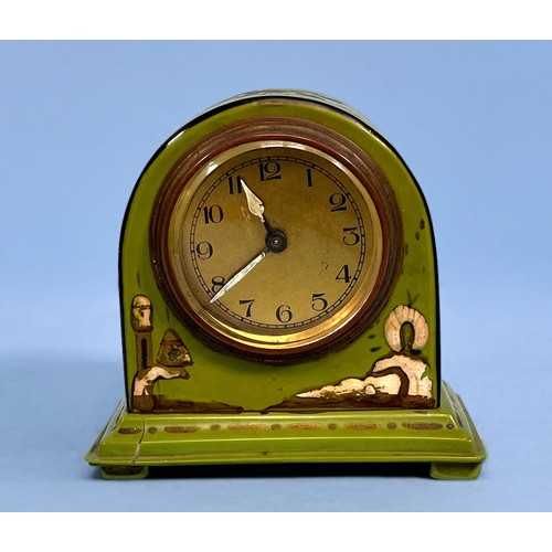 397 - A Burr walnut desk pen stand with two glass inkwells, together with a Victorian slate mantel clock o... 