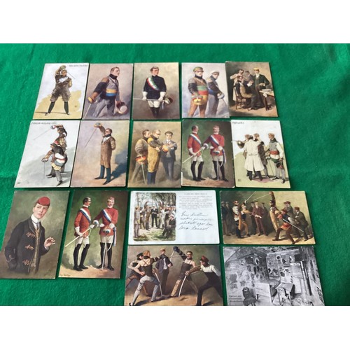 288 - Some 31 standard size postcards which mainly have a fencing – or sword fighting – theme, with duelli... 