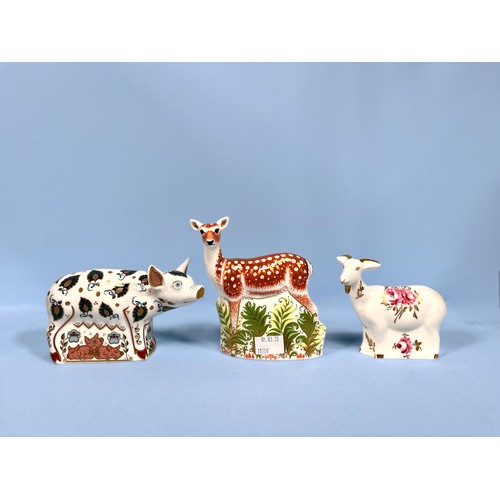 42 - Three various Royal Crown Derby paperweights including ‘Fallow Deer’, ‘Priscilla’ and a goat, all wi... 