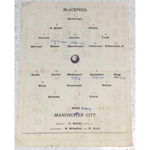 340 - Football Programme:  Blackpool v Manchester City, 28th April 1945. Condition, ink team changes, ligh... 