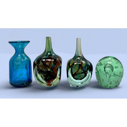 53 - Two Mdina glass vases, of squared form with slender necks and 'marbled coloured glass and air bubble... 