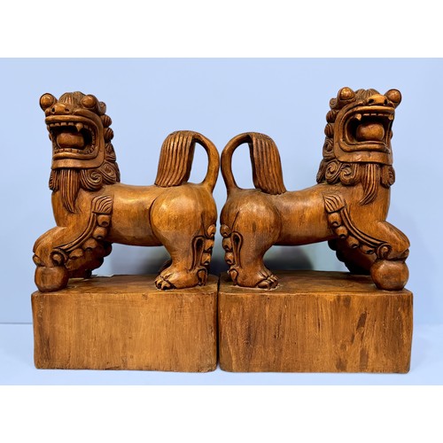 69 - A pair of Chinese carved hardwood figures of Temple Foo Dogs, each carved modelled passant with paw ... 