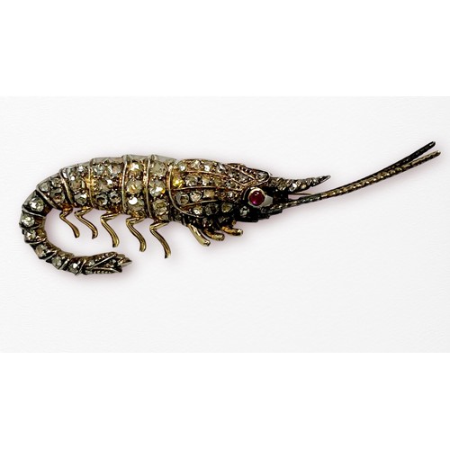 196 - An antique gold and silver brooch modelled as a shrimp, the body and tail set with approximately 56 ... 