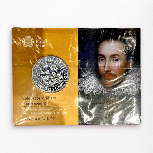 236 - A Royal Mint 2016 William Shakespeare £50 Proof .999 Silver Coin, 31.0g, (in packet), together with ... 