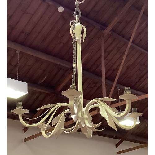 406 - An iron white-painted six light chandelier of foliate design, together with, a similar white-painted... 