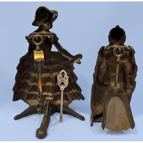 335 - Two chromed cast iron companion part sets, one modelled as a lady in ruffled dress, the other as kni... 