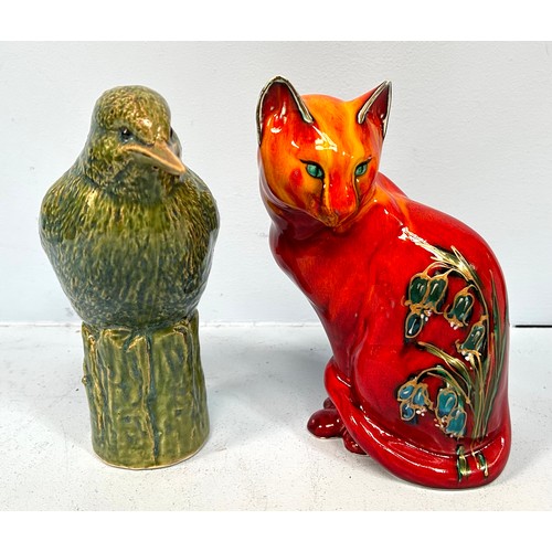 58 - An Anita Harris Art Pottery hand-painted figure of a sitting cat, red and orange flamed pattern, wit... 