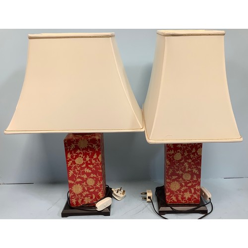 407 - A pair of Oriental red and cream painted lamps /converted ginger jars and cover with foliate decorat... 