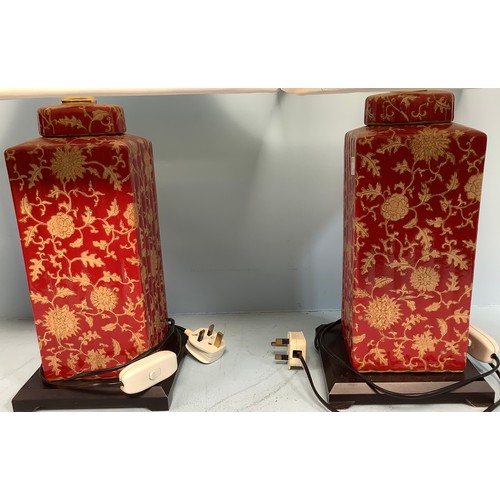 407 - A pair of Oriental red and cream painted lamps /converted ginger jars and cover with foliate decorat... 