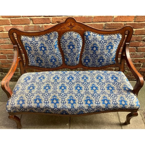 519 - An Edwardian inlaid mahogany parlour sofa, with decoration to back rest, silver and blue fabric upho... 