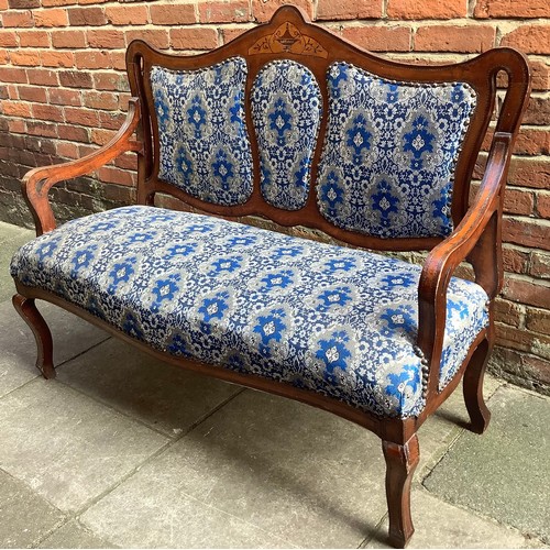 519 - An Edwardian inlaid mahogany parlour sofa, with decoration to back rest, silver and blue fabric upho... 