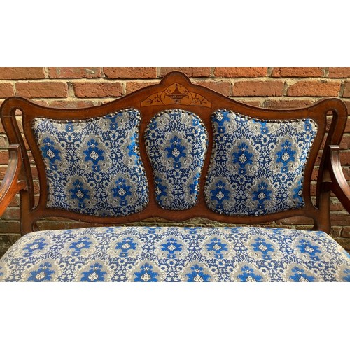 519 - An Edwardian inlaid mahogany parlour sofa, with decoration to back rest, silver and blue fabric upho... 