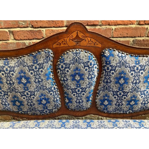 519 - An Edwardian inlaid mahogany parlour sofa, with decoration to back rest, silver and blue fabric upho... 