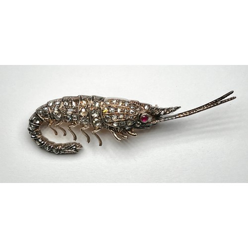 196 - An antique gold and silver brooch modelled as a shrimp, the body and tail set with approximately 56 ... 