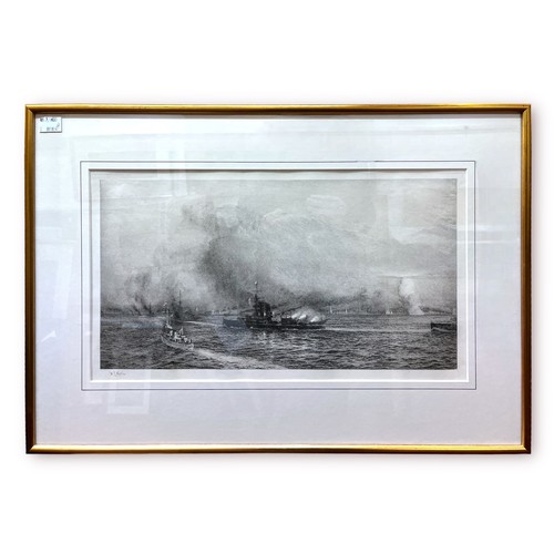 455 - William Lionel Wyllie RA (1851-1931), Battle of Jutland with with battleships firing broadside, sign... 