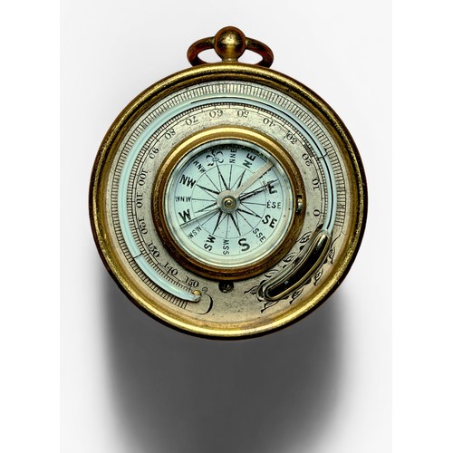 523 - A late Victorian gilt brass dual-sided pocket aneroid baromter with mecury thermometer and compass, ... 