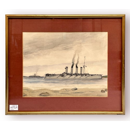 454 - Artist 'AK,' A study of the Imperial Russian Navy Cruiser 'Gomoboi' at anchor and the Battleship 'So... 